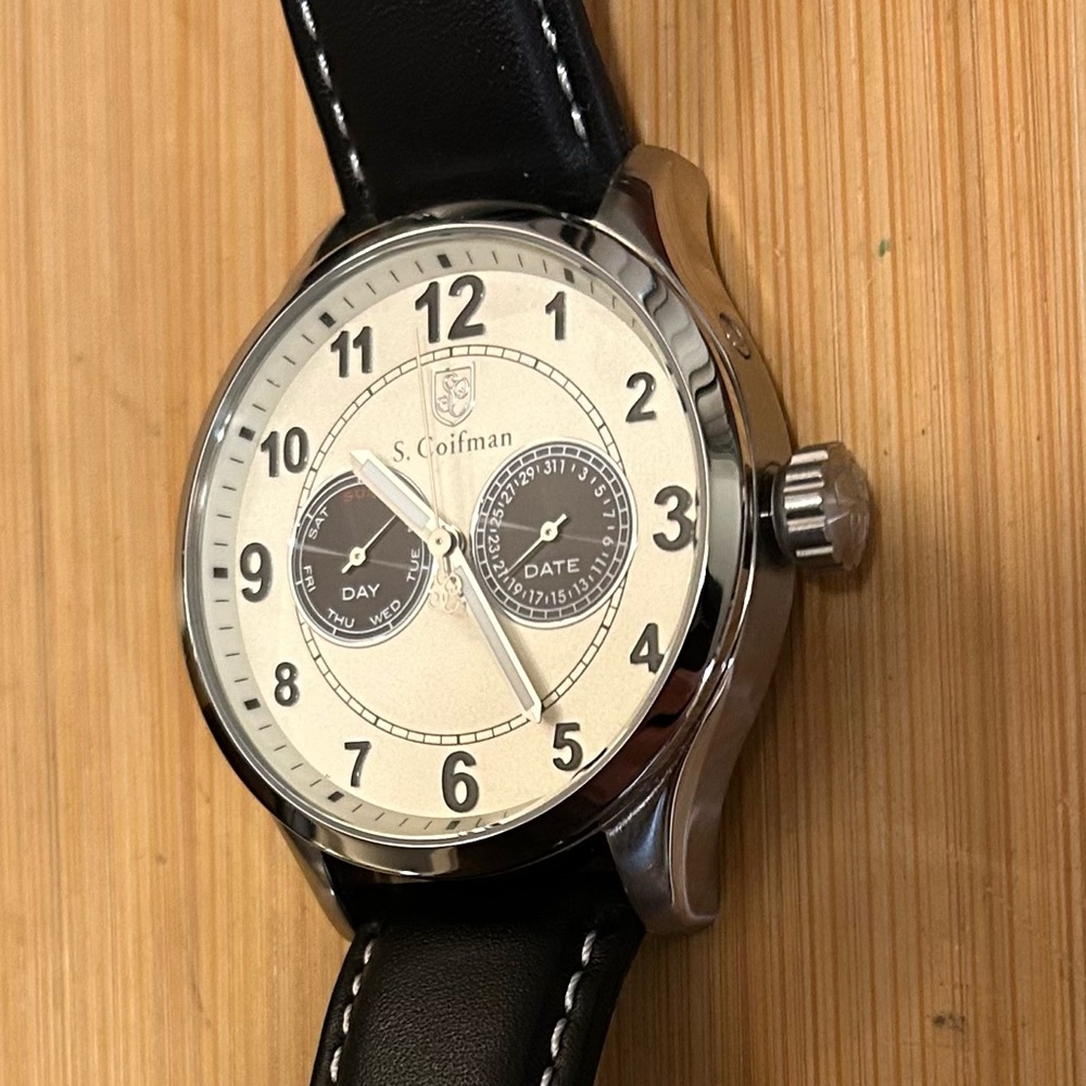 S Coifman Watch With 44mm Silver Light Golden Face With Black Leather Band